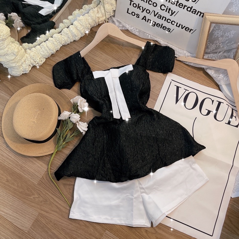 Set áo gấm đen nơ trắng kèm quần short VIBES