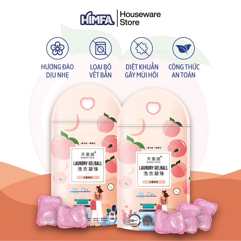 Viên giặt quần áo hương đào Himfa - 20 Viên giặt giữ màu quần áo, lưu hương lâu 24h