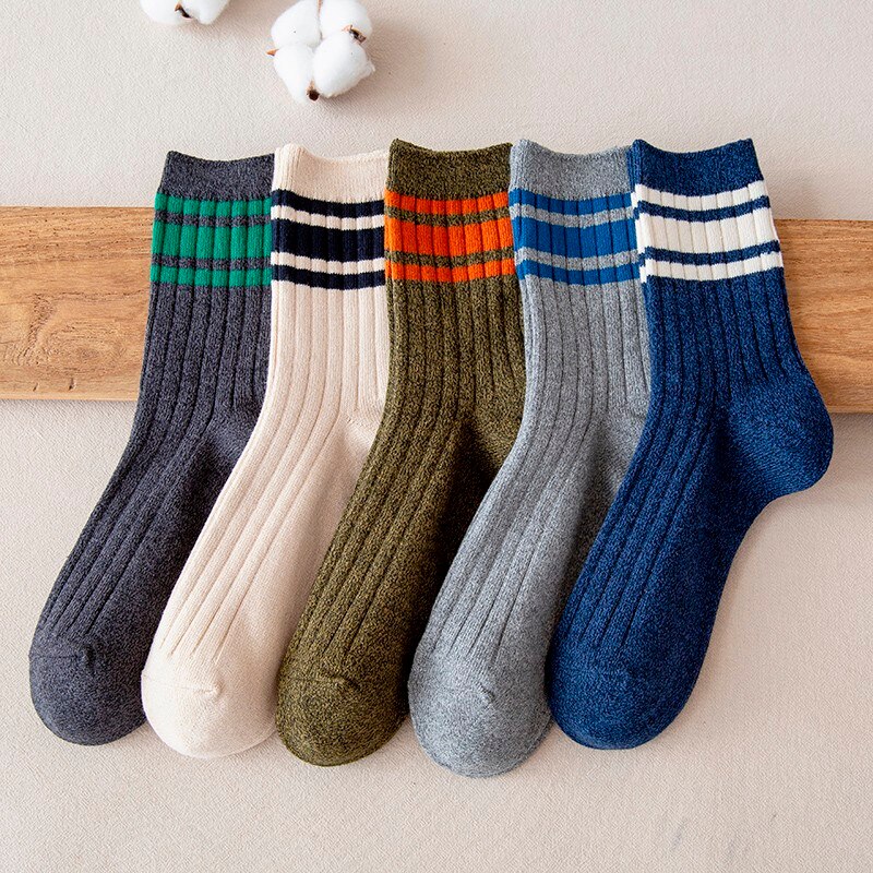 Men's Striped Breathable Crew Fashion Socks Combed Cotton Stripes Casual Comfortable Long Socks Boys Hosiery Easy-matching