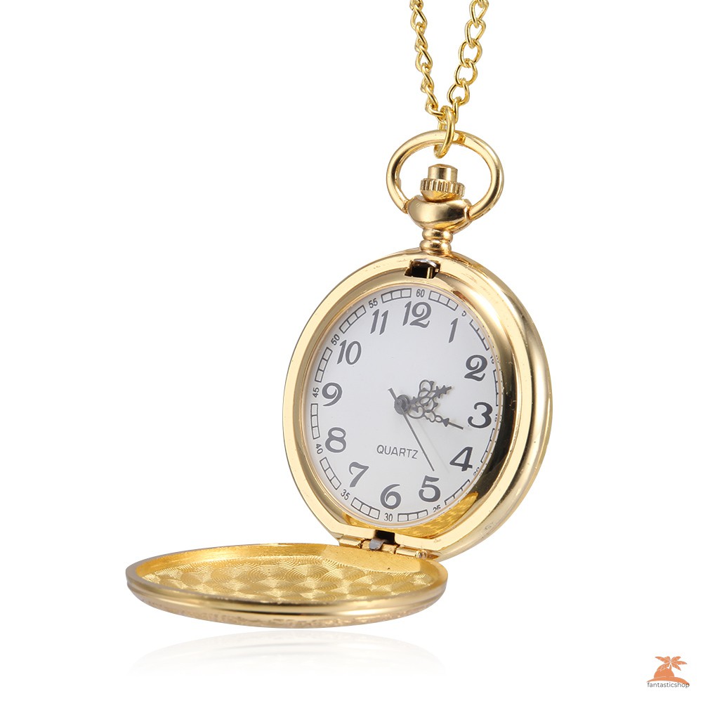 #Đồng hồ bỏ túi# 1pc Men Women Quartz Pocket Watch Golden Shield Pattern Carved Case with Chain