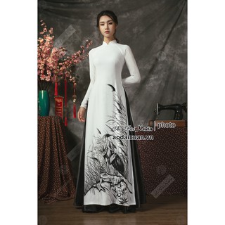 Áo dài trắng 4 tà (2 lớp) họa tiết cỏ lau đen trắng - 190108