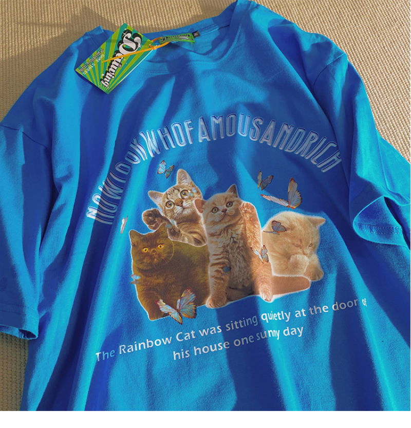 Áo Thun Nữ Tay Ngắn In Hình Mèo Phong Cách Retro