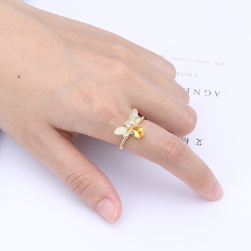 Nhẫn đeo ngón tay mạ vàng 18K bạc 925 dạng hở điều chỉnh được đính đá citrine phong cách mới thời trang
