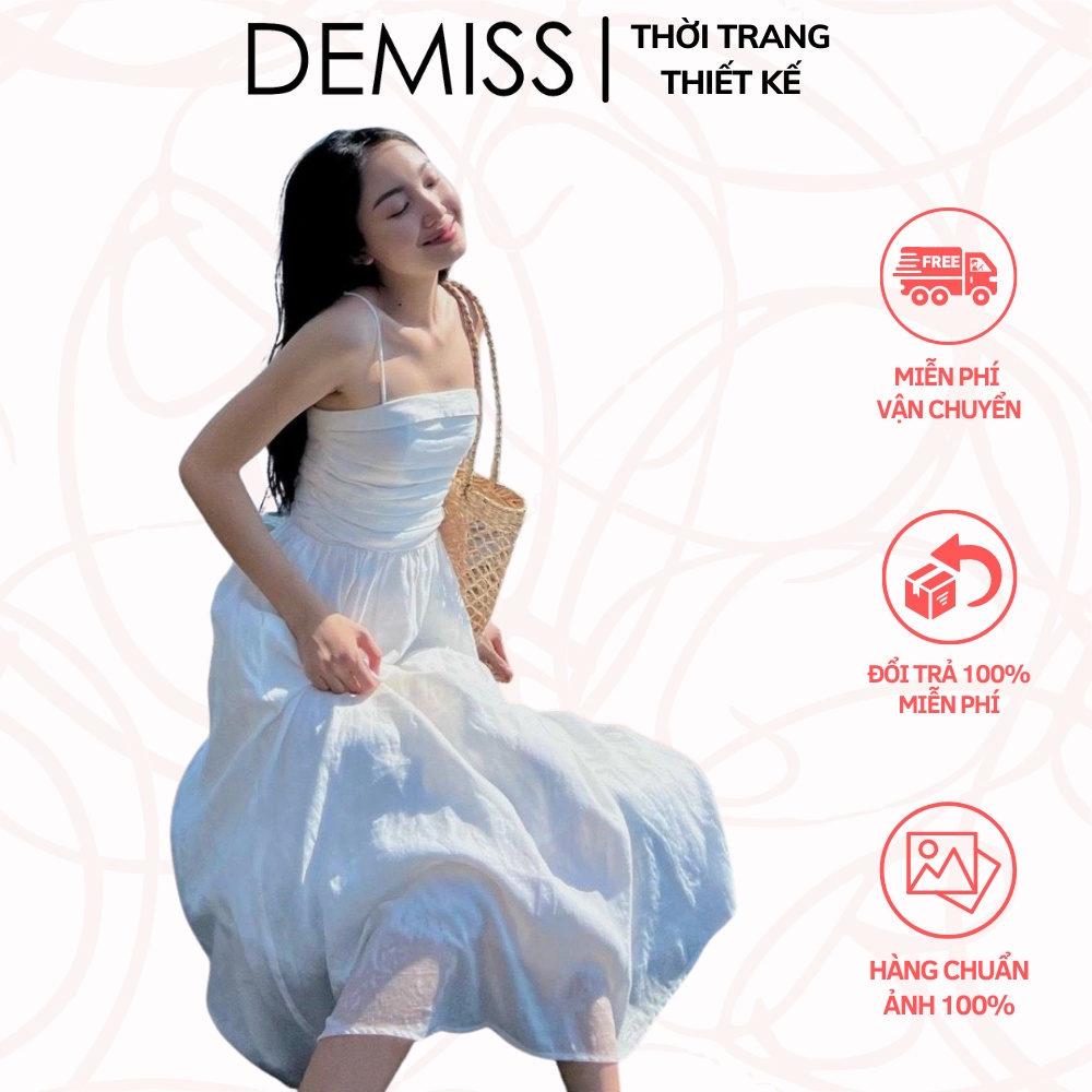 Đầm MIDi Hai Dây 💖DEMISS💖 Váy MIDI Hai Dây Trắng Xếp Ly NgựcGợi Cảm - V-Trắng-02