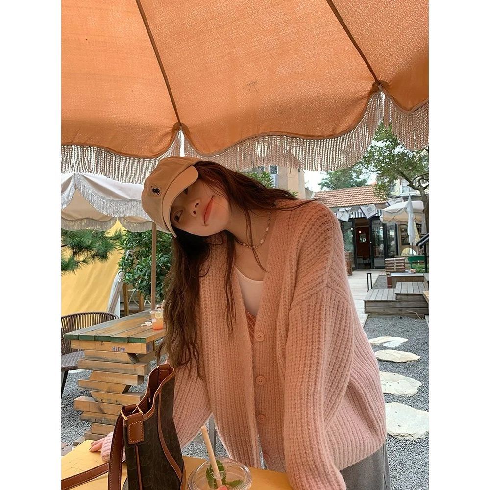 Áo Khoác Cardigan Dệt Kim Dáng Rộng Màu Hồng Phong Cách Hàn Quốc Thời Trang Mùa Thu Cho Nữ