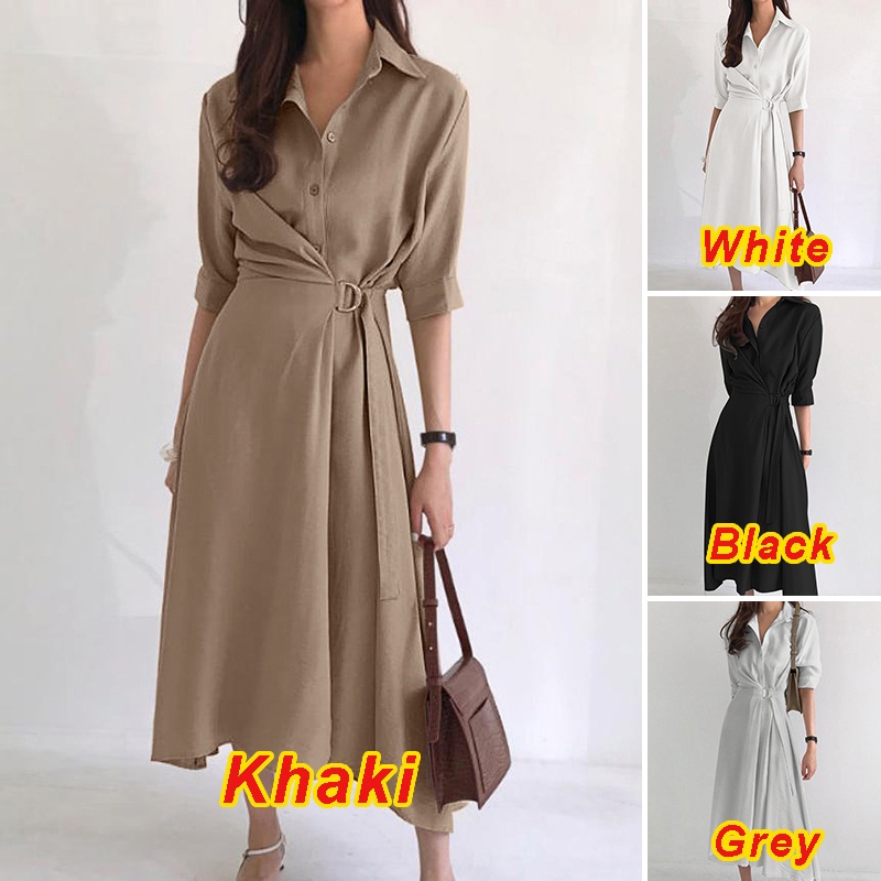 Đầm ZANZEA cổ bẻ ngắn tay thắt dây màu trơn phong cách Hàn Quốc thanh lịch cho nữ