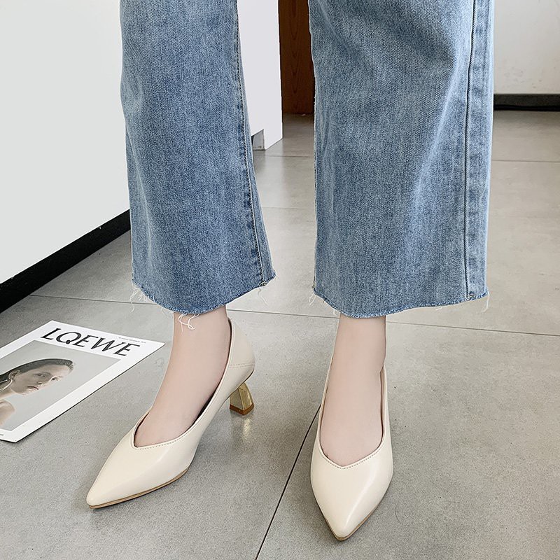 New White Fashion Female High Heel Shoes Only French V Mouth Elegant Cat With Mouth Shoe