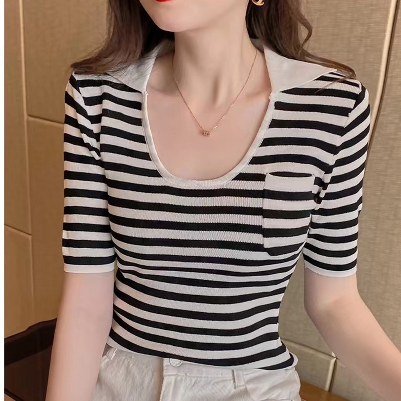 SUXI Áo Thun Dệt Kim Ngắn Tay Họa Tiết Kẻ Sọc Phong Cách Vintage Thời Trang Mùa Hè Cho Nữ