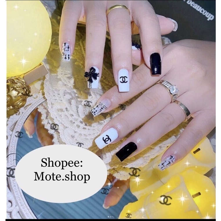 Nailbox Móng tay úp nails thiết kế Trắng Đen tặng keo dũa | Shopee ...