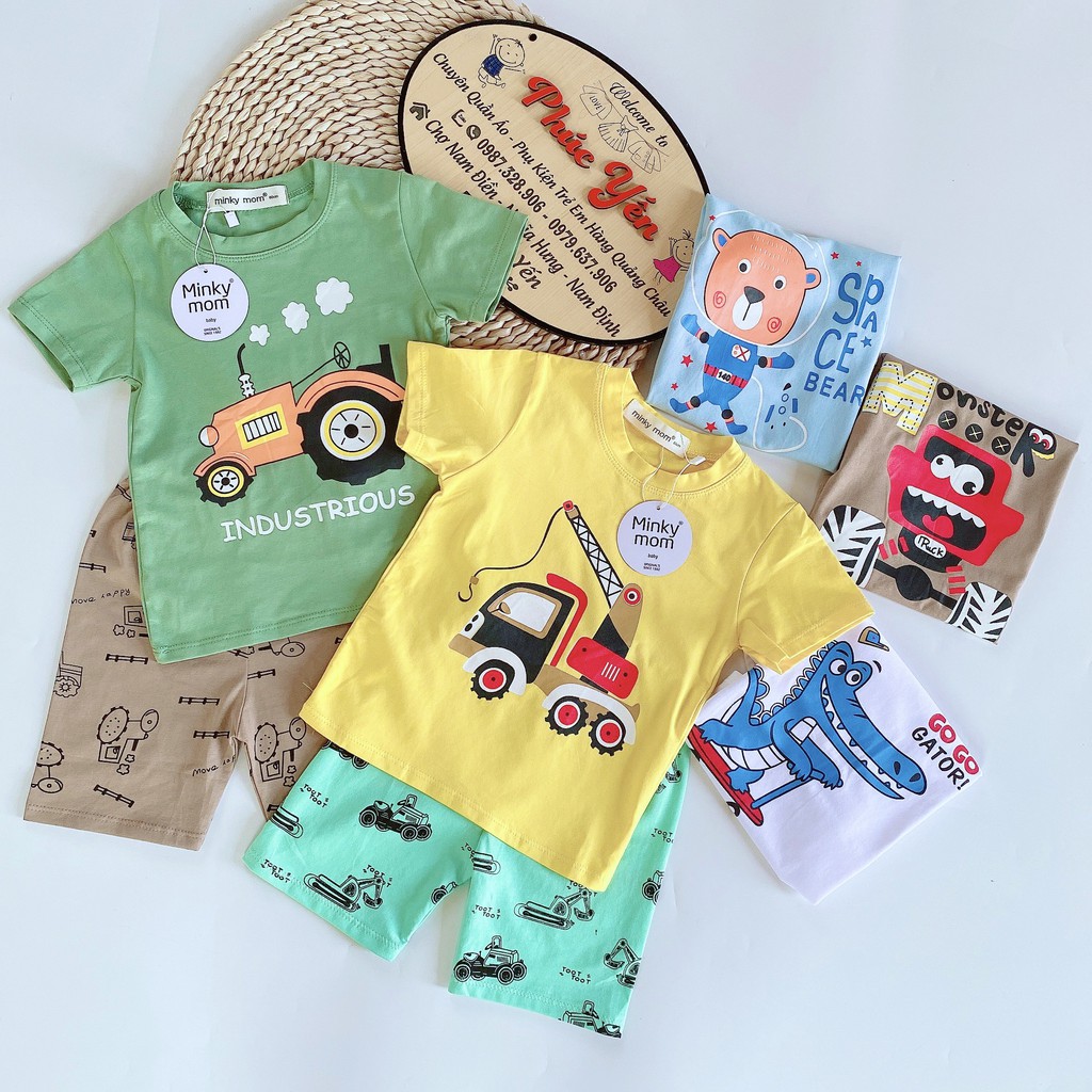 Sale !!! Bộ Cộc Tay Cotton 100% Hàng Minky Mom In Họa Tiết Khủng Long Xanh-Cần Cẩu (8-18kg) (1412)_Shop Phúc Yến