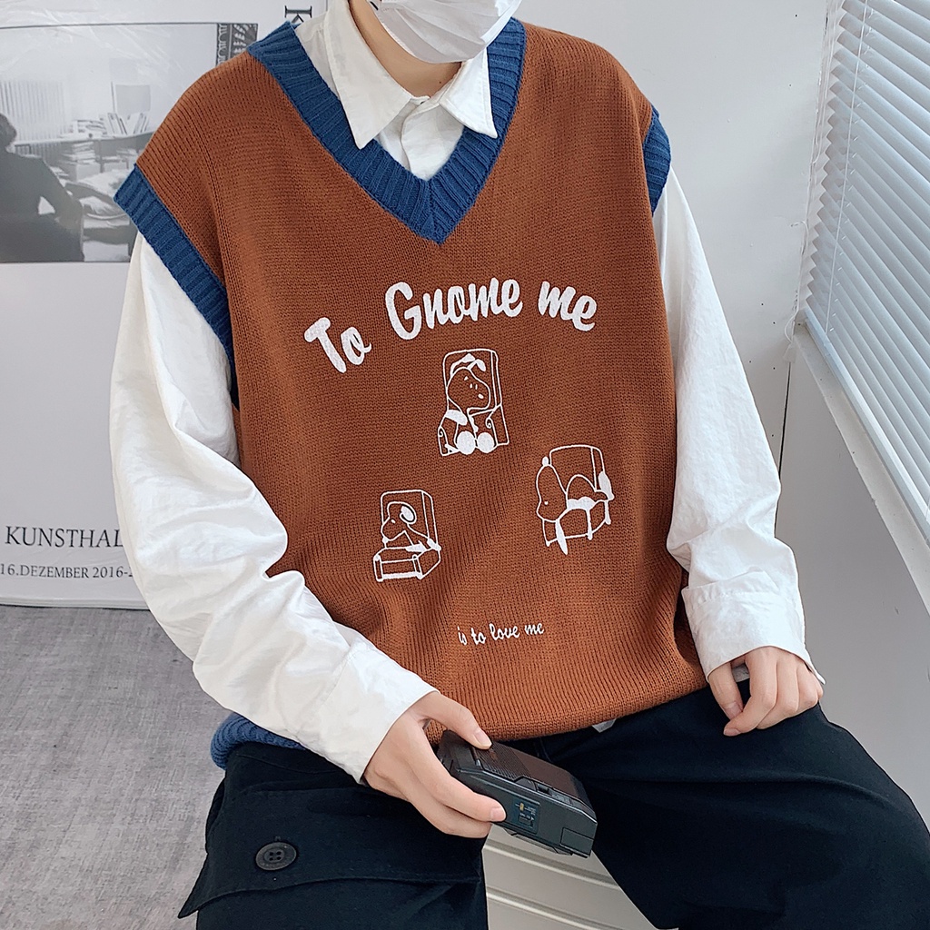 Áo sweater dệt kim không tay cổ chữ v dáng rộng phối màu tương phản cá tính thời trang cho nam