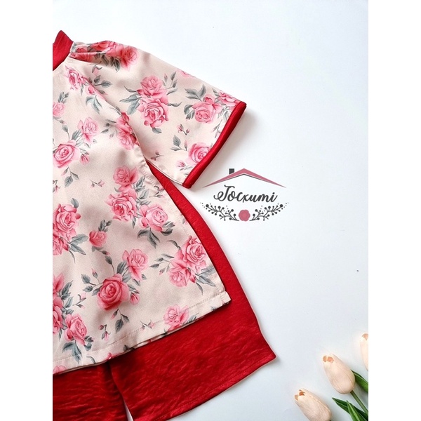 Set áo dài đỏ lụa tằm hoa hồng cao cấp - Tocxumi