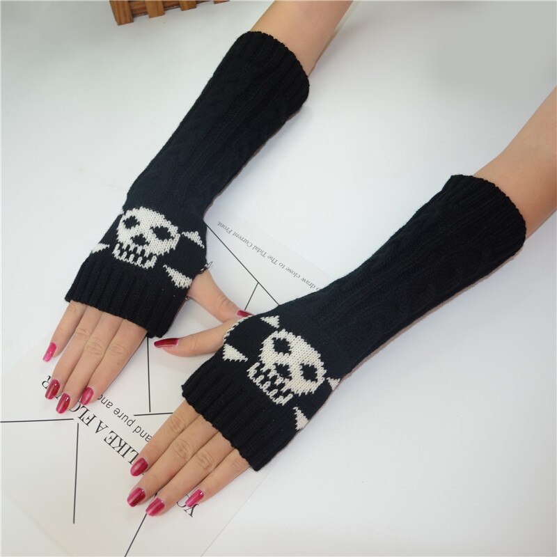 Punk EMO Style Streetwear Women Wrist Arm Warmer Knitted Long Fingerless Gloves Black Mitten Halloween Cross Gloves Dark Moon