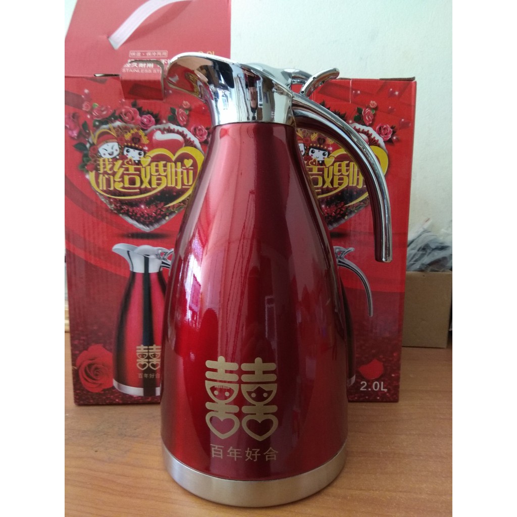 Bình Thủy Giữ Nhiệt Inox Cao Cấp 2L Màu Đỏ