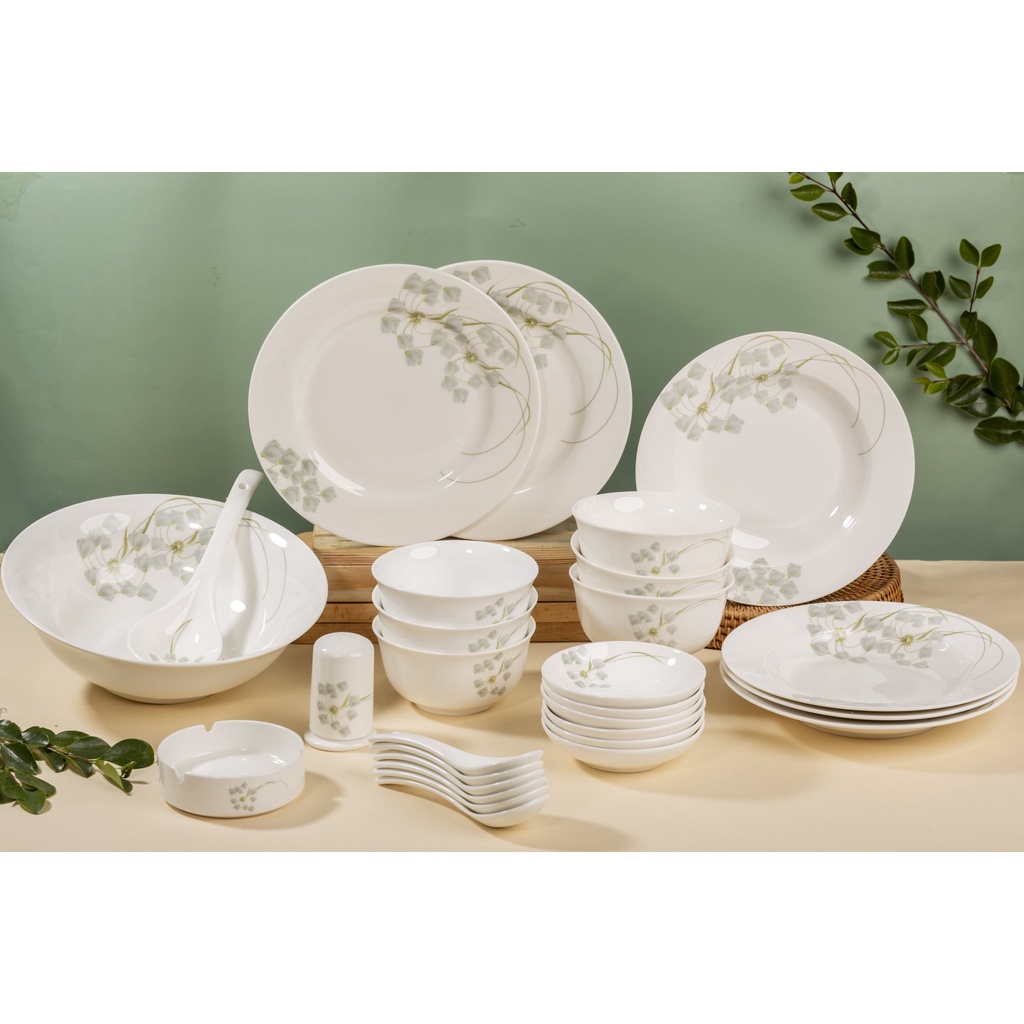 Bộ bát đĩa dành cho gia đình làm quà tặng tráng men cao cấp 28 chi tiết hoa văn sang trọng mã BHV-28