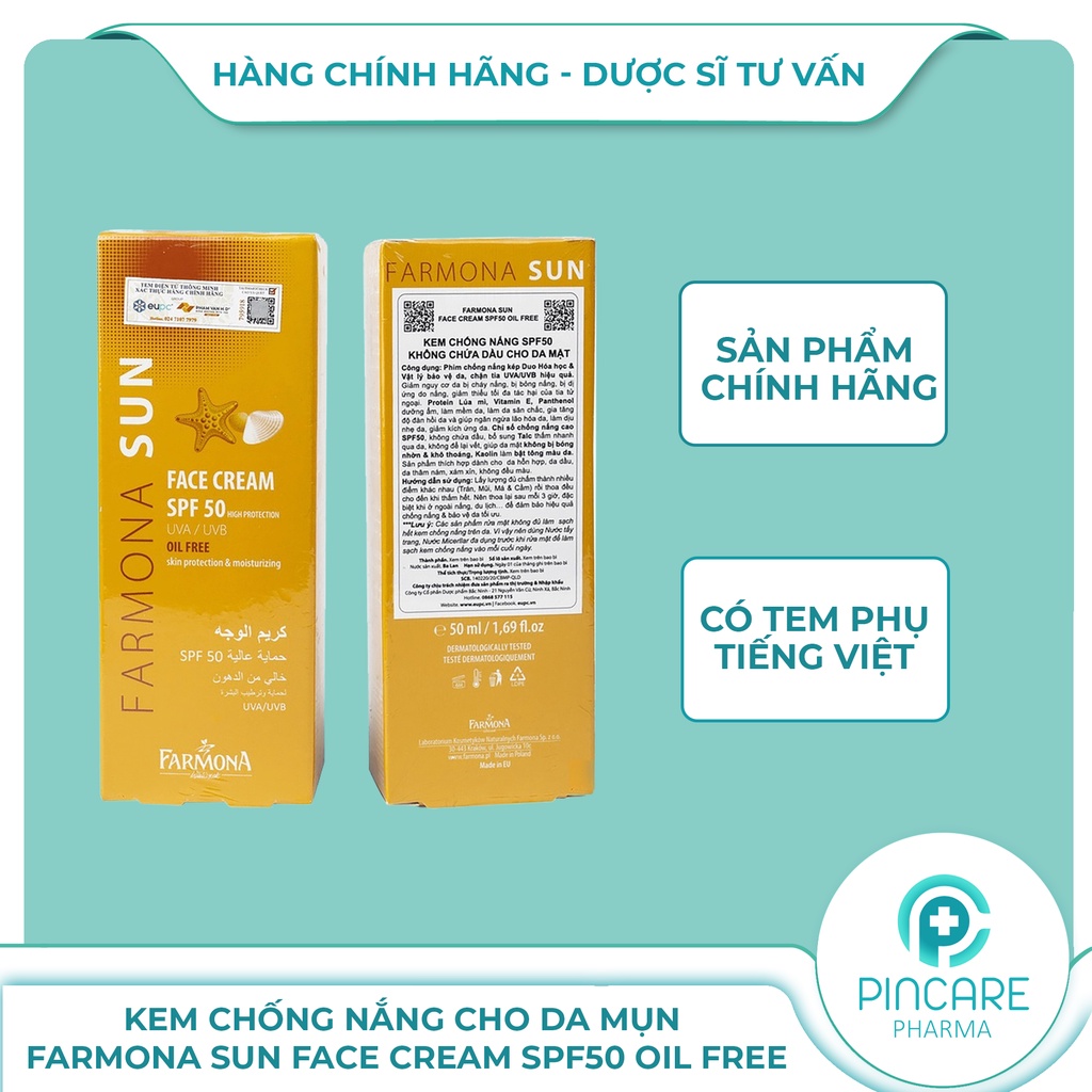 Kem chống nắng cho da mụn Farmona Sun Face Cream SPF50 Oil Free 50ml - Hàng chính hãng - Nhà thuốc PinCare