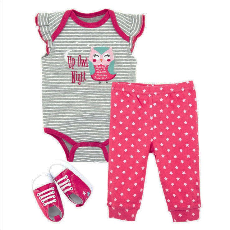 Bộ 3 Bộ Body Ngắn Tay + Quần Dài + Giày Cho Bé Họa Tiết Cú Hồng Kích Thước 3M-12M 2091