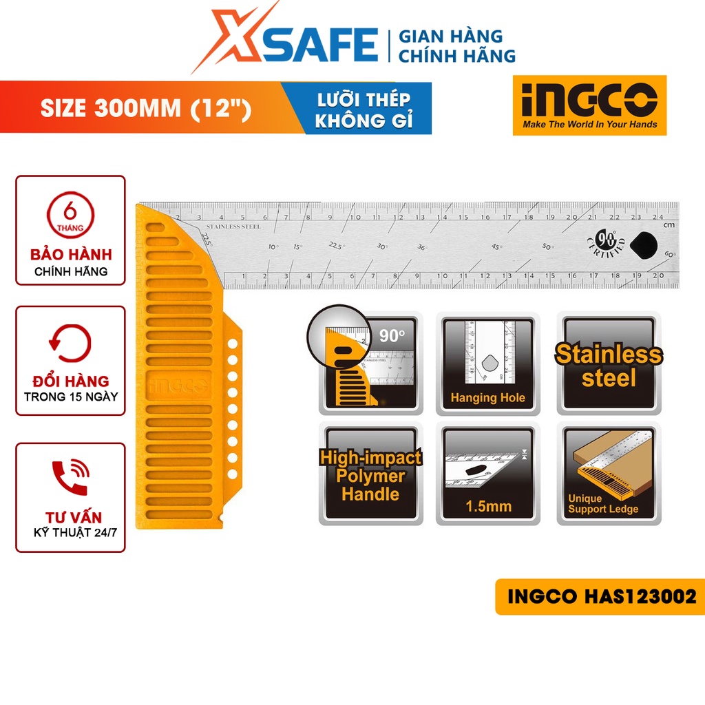 Thước đo góc vuông INGCO HAS123002 chiều dài 300mm(12&quot;), chiều rộng lưỡi dao 40mm, lưỡi thép không gỉ dày 1.5mm