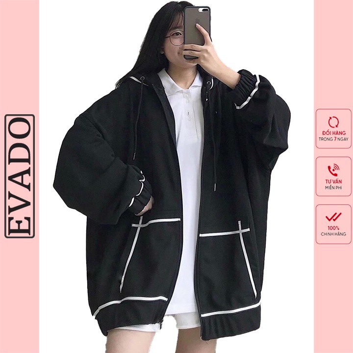 Áo khoác nữ form rộng có mũ thu đông hoodie phồng phối viền chất nỉ bomber kiểu cardigan màu đen ulzzang EVADO HD02