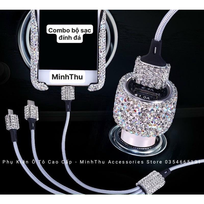 (4 màu) Combo Bộ Dây Sạc Tẩu Sạc Kẹp Điện Thoại Đính Đá Cao Cấp