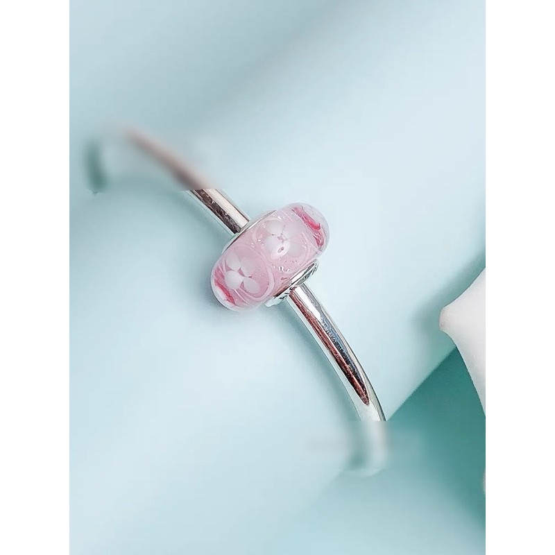 charm pan thuỷ tinh hoa đào hồng bạc s925 cao cấp