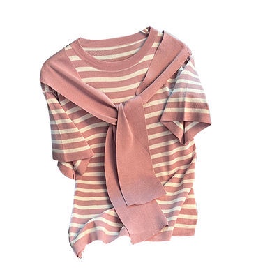 Áo Thun Dệt Kim Tay Ngắn Họa Tiết Kẻ Sọc Thời Trang Mùa Hè Xinh Xắn Cho Nữ