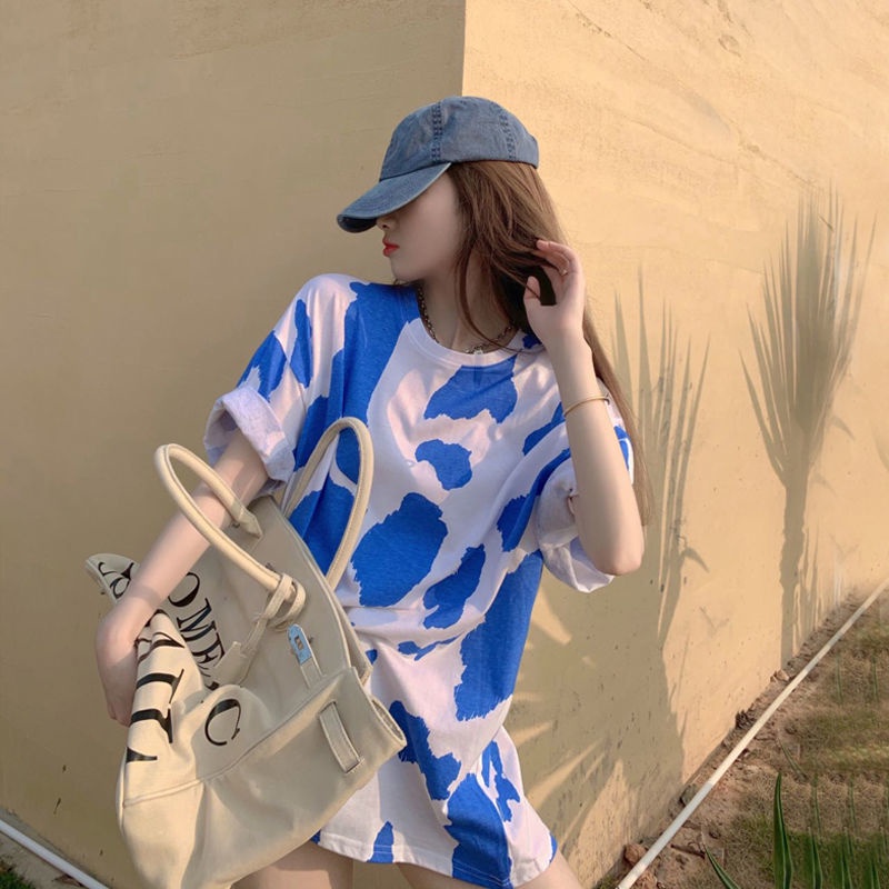 AMOI Áo Thun Ngắn Tay Dáng Rộng In Họa Tiết Bò Sữa Thời Trang 2022 Cho Nữ