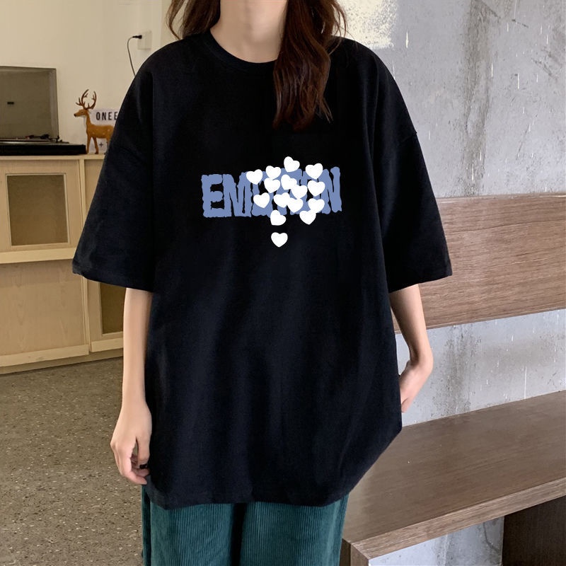 Áo Thun Cotton Ngắn Tay Dáng Rộng Màu Đen Thời Trang Mùa Hè Cho Nữ