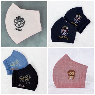Khẩu trang linen thêu tay sư tử - logo FC Isaac - thêu tên riêng theo yêu cầu
