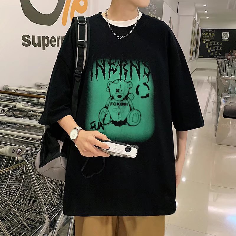 Áo Thun Dáng Rộng In Họa Tiết Hoạt Hình Phong Cách Hip Hop Đường Phố Hàn Quốc Thời Trang Mùa Hè Cho Nam