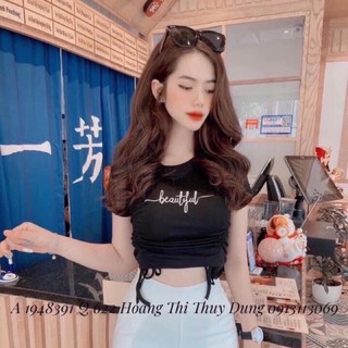 Áo thun nữ đen croptop dây rút bên eo