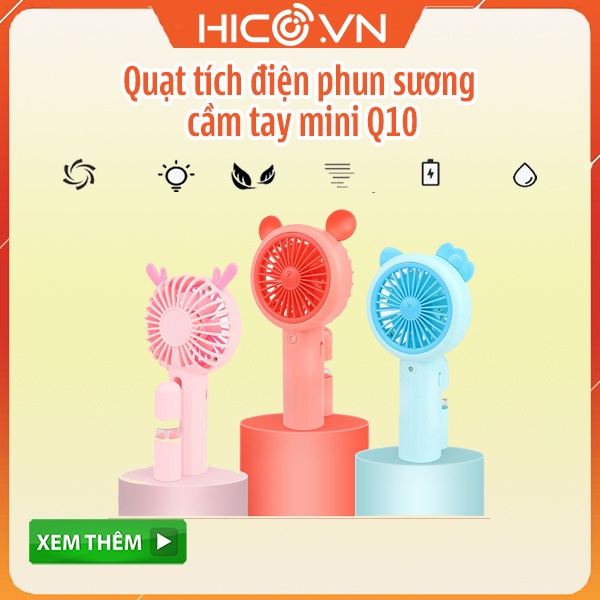 Quạt Phun Sương Mini Fan Q10 Cầm Tay Siêu Mát Tích Điện Có Tích Hợp Đèn Led Đổi Màu - Hình Tai Thú Xinh Xắn