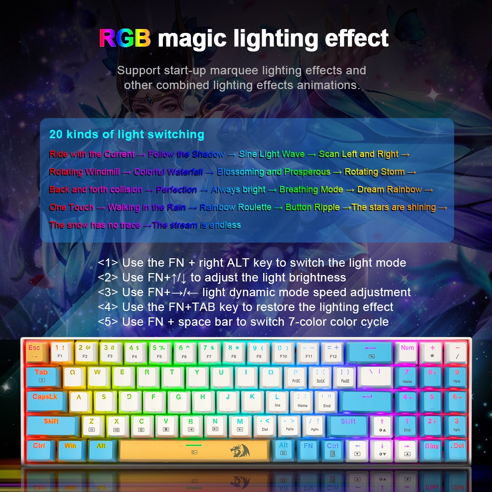 Bàn phím cơ REDRAGON K688 RGB 78 phím có dây cáp tháo được màu sắc tùy chọn