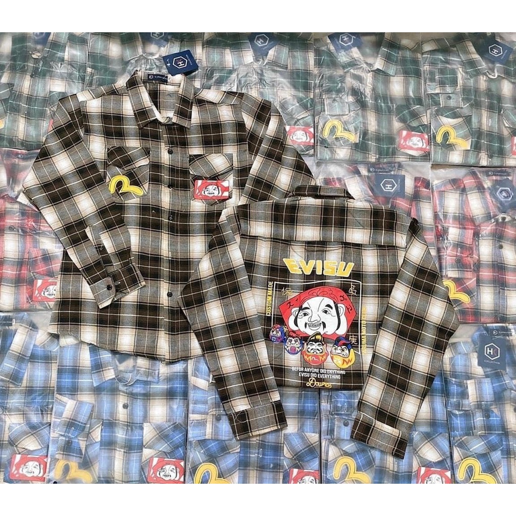 Áo Sơ Mi Nam Tay Dài EVISU BÀ ĐỊA Vải Nỉ Caro MềmMịn Hình In Rõ Nét Phong Cách Thời Trang Hot Trend Mới