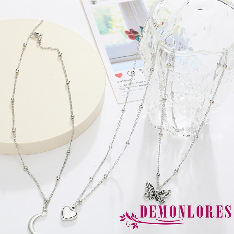 Bộ 3 Vòng cổ hợp kim mặt hình bướm mặt trăng trái tim sáng tạo cho nữ