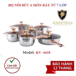 BỘ NỒI VÀ CHẢO KAISA VILLA 6 MÓN 12 CHI TIẾT BẰNG INOX 304 TRÁNG MEN ĐỨC SIÊU BỀN [KV-6618]