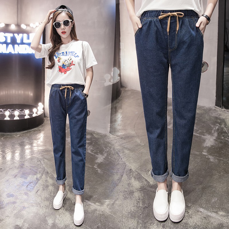 Quần Jean Lưng Thun Dáng Rộng Plus Size S-5XL Thời Trang Hàn Quốc 2021 Cho Nữ / Dưới 100Kg