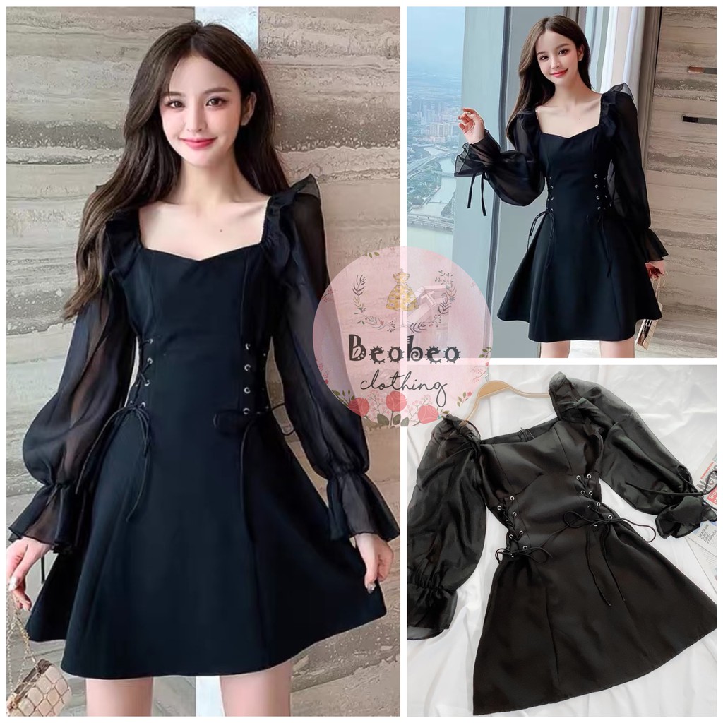 Đầm đen cổ u tay voan phồng đan dây eo vintage