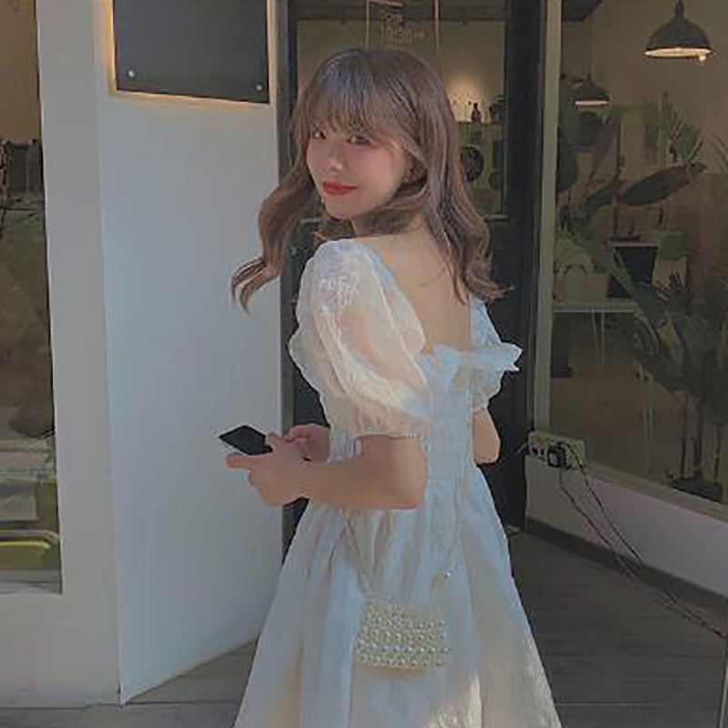 IELGY  Đầm Trễ Vai Tay Phồng Màu Trơn Mỏng Nhẹ Giảm Béo Thời Trang