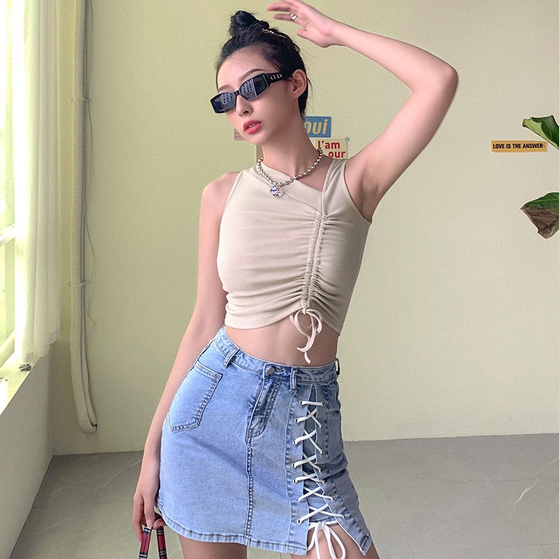 Áo croptop nữ áo kiểu dây rút chéo không tay dệt kim thời trang quyến rũ mẫu mới nhất S4T1-2