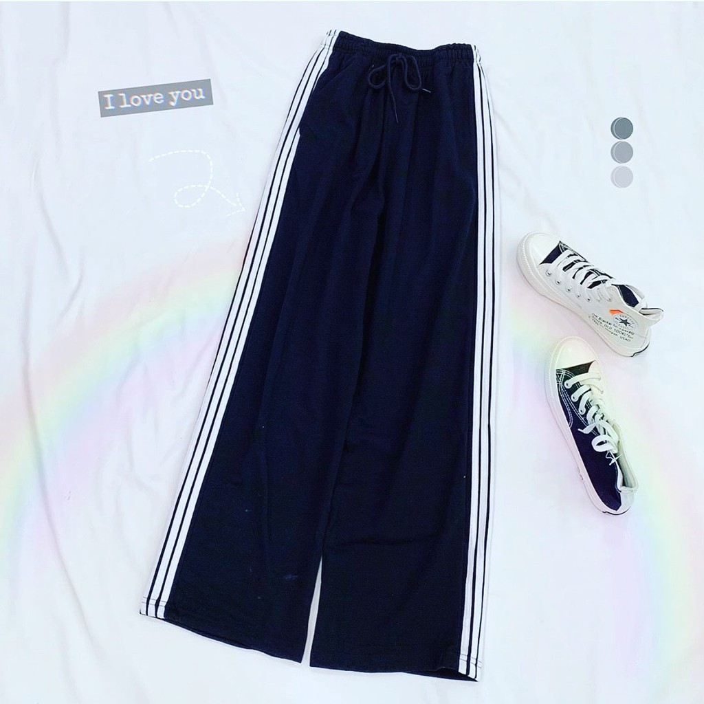 Quần ống rộng 3line Lylyshop Unisex, quần ống suông 3 sọc trắng thể dục phong cách unisex cạp chun có dây rút dễ mặc