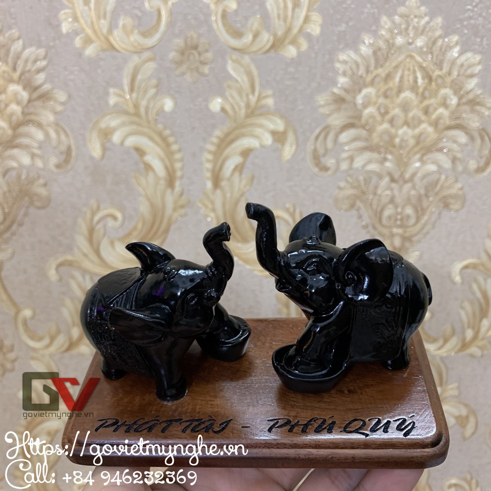 Set 2 tượng voi đá thỏi vàng trang trí quà tặng tân gia - Đế gỗ - Màu đen tuyền