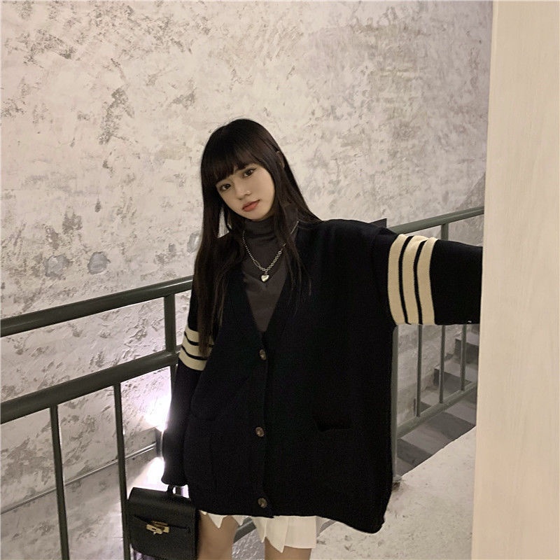 Mùa Xuân Và Mùa Đông Mới Lười Phong Cách Retro Tuổi Áo Len Nữ Sinh Viên Cardigan Hàn Quốc Lỏng Dày Đan Áo Khoác Áo Khoác