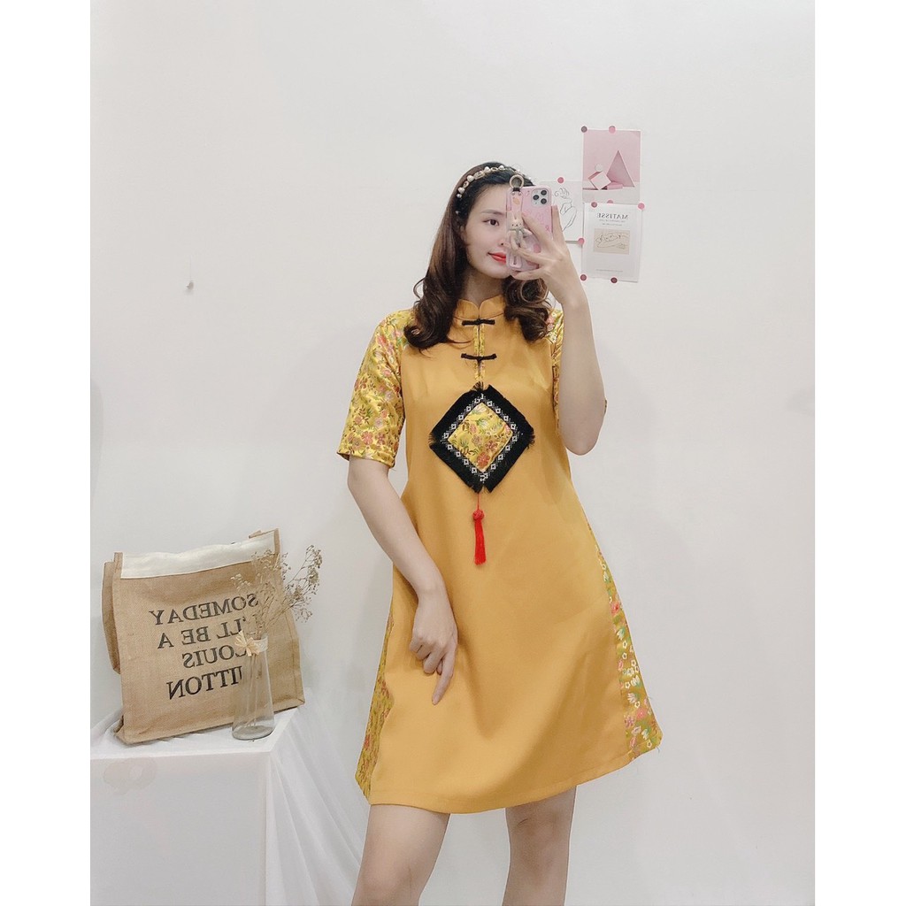 ĐẦM TẾT COTTON PHỐI GẤM THƯỢNG HẢI DÁNG SUÔNG-hình thật shop chụp | BigBuy360 - bigbuy360.vn