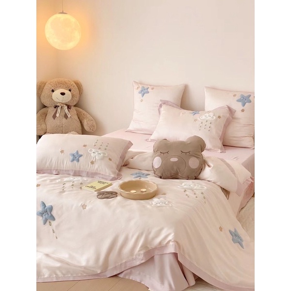 Set Chăn Ga Gối Lụa Tencel 100s Thêu “Bầu Trời Mộng Mơ ” (Set 5 món )