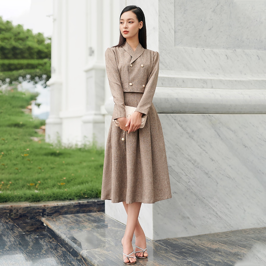 Váy Công Sở Dài Tay LEOSWEARING Set Chân Váy Xòe Xếp Ly Có Túi 2 Bên Áo Sơ Mi Croptop Tay Dài Cổ Vest D48 | BigBuy360 - bigbuy360.vn