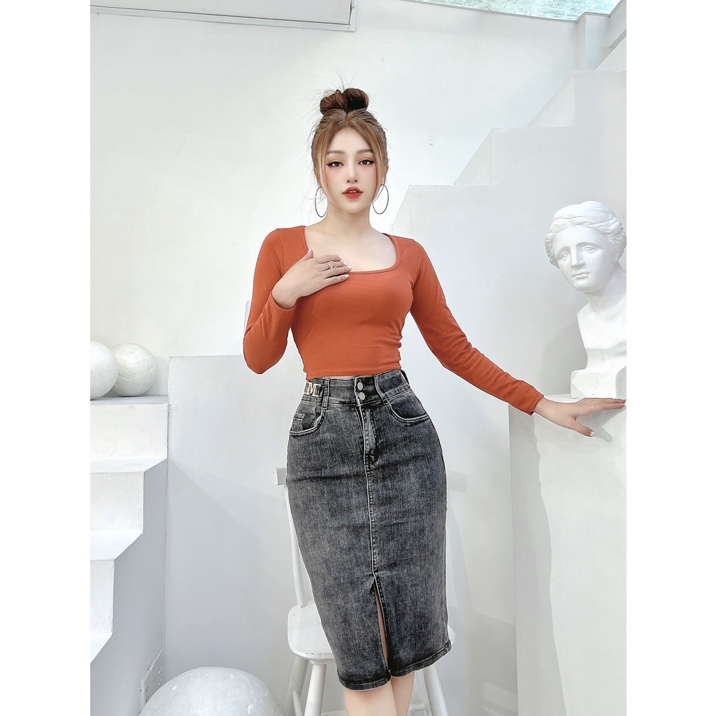 Chân váy jeans dài nữ CRAZYTEEN dáng ôm sang trọng V0011
