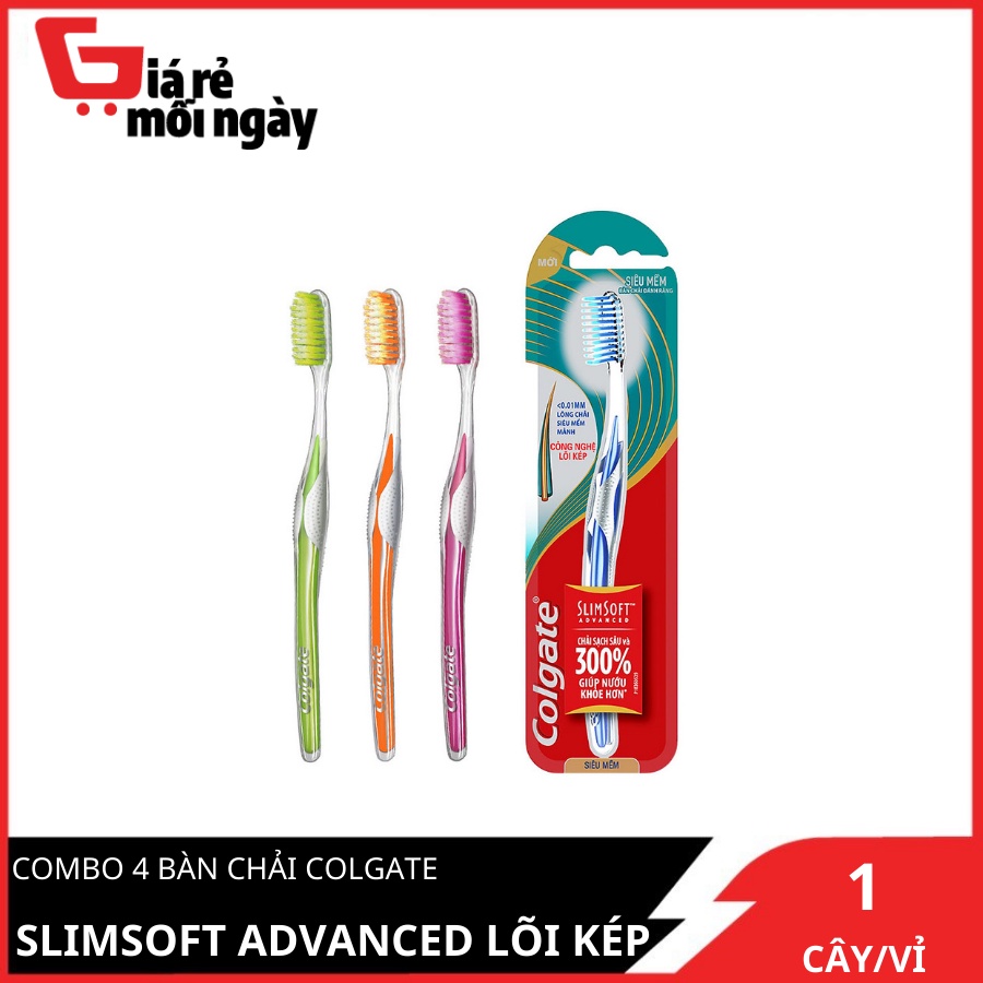 Bộ 4 bàn chải đánh răng Colgate Slimsoft Advanced lõi kép siêu mềm mảnh (Màu ngẫu nhiên)