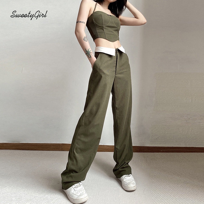 Set Áo Cổ Yếm Không Tay + Quần Dài Lưng Cao Màu Xanh Lá Trơn Thời Trang 2022 Cho Nữ