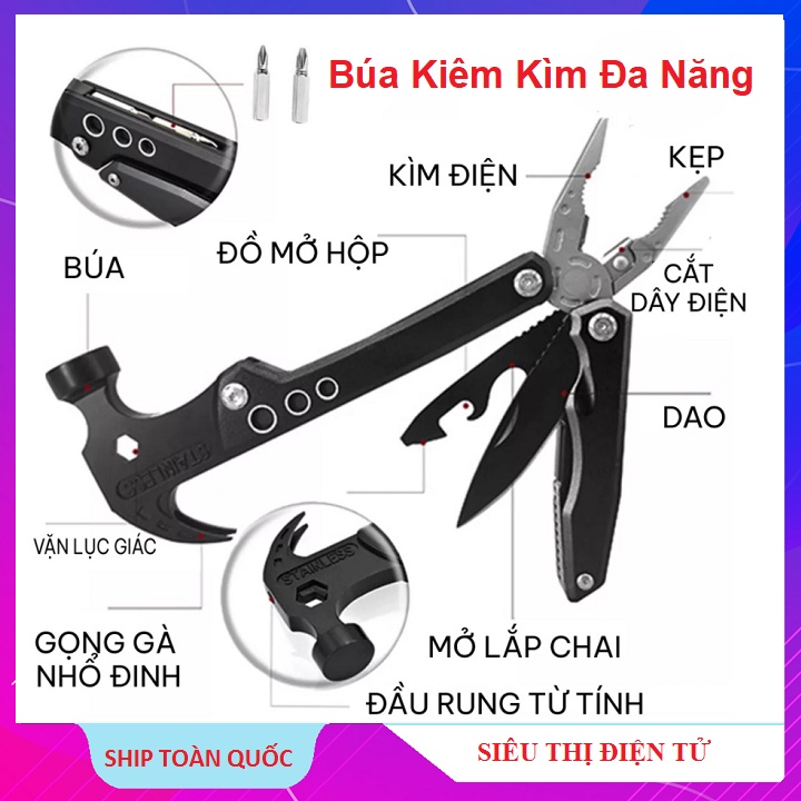 Búa Đa Năng Gấp Gọn Bằng Thép Không Gỉ, Kìm Kiêm Búa, Tô Vít Đa Năng 14in1 - Dụng cụ Đi Phượt - Cắm Trại Picnic